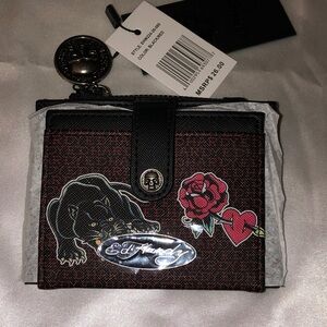 Ed Hardy Black & Red Faux Leather Card Wallet Panther, Rose & Logo Print NWT
